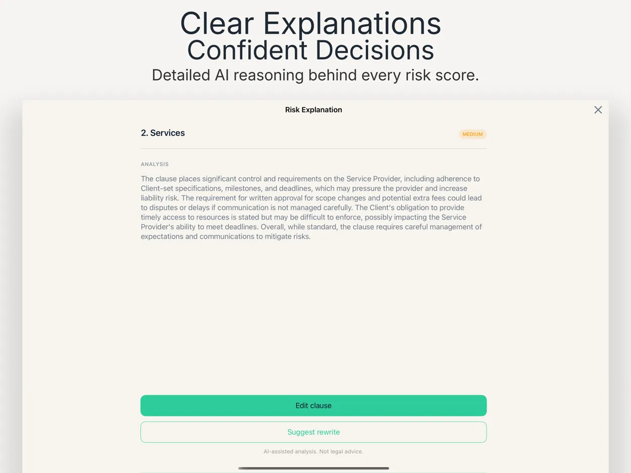 ClauseMint clause risk explanation on iPad