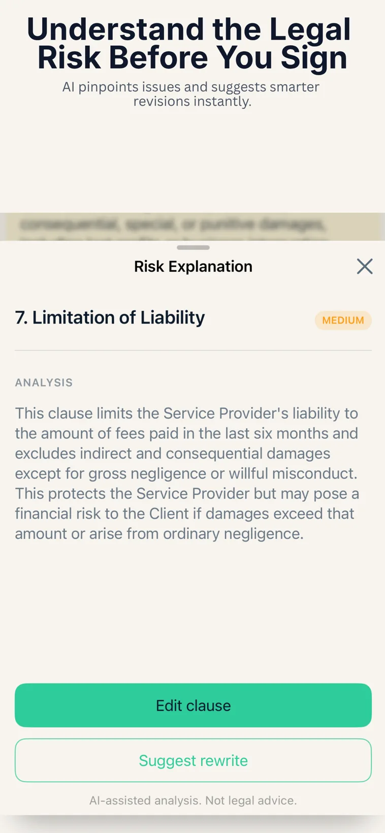 Risk explanation screen in ClauseMint